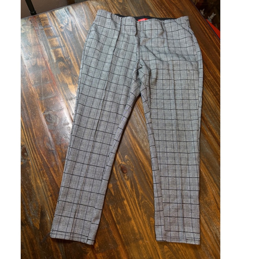 Maze Collection Womens 2X Glen Plaid Pull On Tapered Pants Black White Stretch